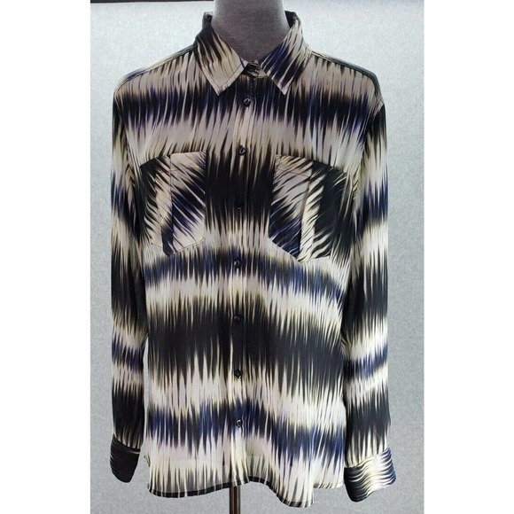 Guess Los Angeles Button Up Top Sheer Womens Size L Black Multi Abstract Print - Picture 1 of 9